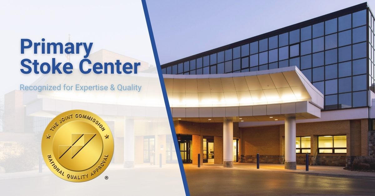 Joint Commission Primary Stroke Center Graphic with Seal & Image of Hospital