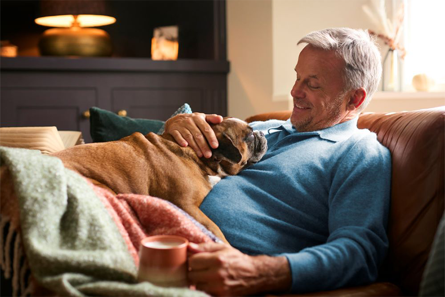 Man lying on couch with dog
